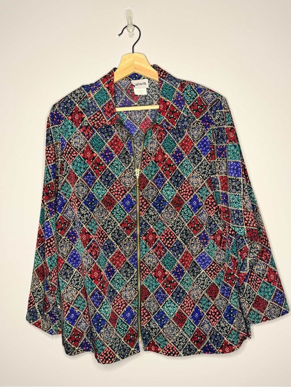 Bon Worth Geometric Boho Harlequin Multicolor Diamond 80s 90s Zip Blazer Size M